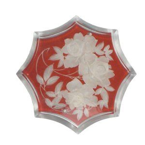 Obidome for Japanese Kimono 1.8 in Roses Floral Carved Red Clear Plastic Lucite